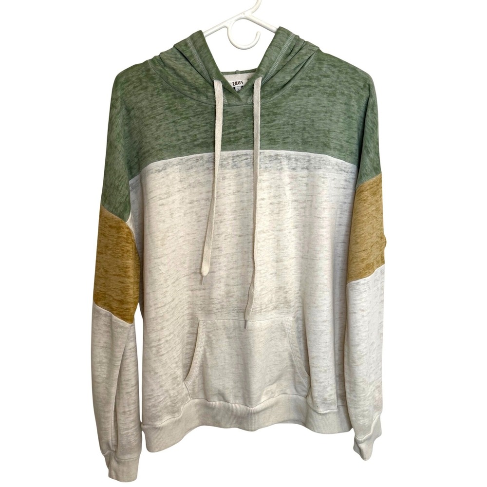 True Craft Mens Colorblock Hoodie Green Yellow Cream Heathered Pullover Large